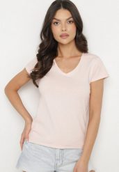 Różowy T-shirt z Bawełny z Dekoltem w Serek Liniviela. Czerwone t-shirty damskie Born2be, l, bez wzorów, z bawełny, bez kołnierzyka, bez ramiączek. Za 39.99 zł.