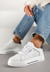 Białe Sneakersy Typu Tenisówki ze Skóry Naturalnej z Ozdobną Perforacją Vivallie. Białe trampki i tenisówki damskie Renee, bez wzorów, z jeansu, bez zapięcia. Za 139.99 zł.
