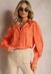 Pomarańczowa Ażurowa Koszula z Elegancką Stójką Manuella. Brązowe koszule damskie Renee, l, z aplikacjami, eleganckie, bez kołnierzyka, bez ramiączek. Za 59.99 zł.