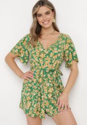 Zielono-Żółty Kombinezon z Gumką w Pasie w Kwiatowy Wzór z Materiałowym Paskiem Illwina. Zielone sukienki damskie Born2be, l, bez wzorów, z materiału, eleganckie, bez kołnierzyka, bez ramiączek, mini. Za 39.99 zł.
