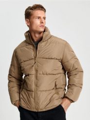 Kurtka puffer - beżowy. Brązowe kurtki męskie Sinsay, l, bez wzorów, bez kaptura. Za 99.99 zł.