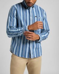MĘSKA KOSZULA MATERIAŁOWA LEE RIVETED SHIRT INDIGO L66IKODK 112116432. Niebieskie koszule męskie Lee, l, bez wzorów, z materiału, bez kołnierzyka, bez ramiączek. Za 129.99 zł.