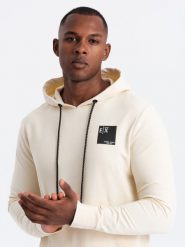 Bluza męska kangurka z kapturem i logotypem – kremowa V2 OM-SSNZ-0162 - XXL. Białe bluzy męskie Ombre Clothing, l, bez wzorów, z bawełny, z kapturem. W wyprzedaży za 99.99 zł.