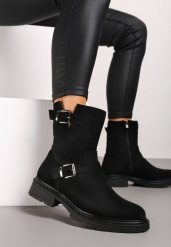 Czarne Botki z Ekozamszu ze Stylowymi Klamrami i Paseczkami przy Cholewce Nevalune. Czarne botki damskie Renee, bez wzorów, z jeansu, eleganckie, z okrągłym noskiem, bez obcasa, na płaskiej podeszwie, bez zapięcia. Za 129.99 zł.