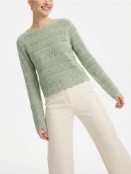 Ażurowy sweter z ozdobnym wzorem - zielony. Zielone swetry nierozpinane damskie Sinsay, l, w ażurowe wzory, bez kołnierzyka, bez ramiączek. Za 49.99 zł.