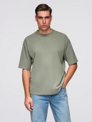Męski t-shirt bawełniany LOOSE FIT z okrągłym dekoltem – khaki V8 - Rozmiar: M. Brązowe t-shirty męskie Ombre Clothing, l, bez wzorów, z bawełny, bez kołnierzyka, bez ramiączek. W wyprzedaży za 39.99 zł.