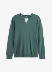 Cienki sweter z efektem dwóch warstw z miękkiej mieszanki bawełny. Zielone swetry męskie bonprix, m, bez wzorów, z bawełny, bez kołnierzyka, bez ramiączek. Za 109.99 zł.