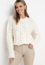 Jasnobeżowy Sweter z Wełną i Bawełną Ozdobiony Grubym Splotem Numike. Brązowe swetry nierozpinane damskie Born2be, na jesień, l, bez wzorów, z bawełny, biznesowe, bez kołnierzyka, bez ramiączek. Za 89.99 zł.