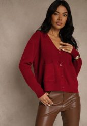 Bordowy Kardigan na Guziki z Domieszką Kaszmiru Vetiella. Czerwone kardigany damskie Renee, bez wzorów, z jeansu, eleganckie, bez kołnierzyka. Za 109.99 zł.