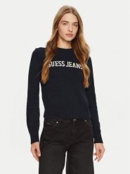 Guess Jeans Sweter W4BR10 Z3HM1 Niebieski Regular Fit. Niebieskie swetry nierozpinane damskie Guess Jeans, xxl, z aplikacjami, z bawełny, bez kołnierzyka, bez ramiączek. Za 339.99 zł.