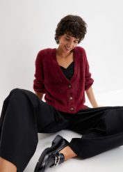 Sweter rozpinany. Czerwone kardigany damskie bonprix, bez wzorów, bez kołnierzyka. Za 117.99 zł.