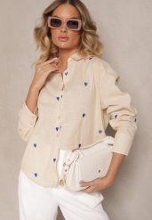 Beżowa Bawełniana Koszula w Serca Elearose. Brązowe koszule damskie Renee, l, bez wzorów, z bawełny, eleganckie, bez kołnierzyka, bez ramiączek. Za 54.99 zł.