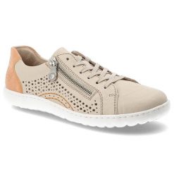 Półbuty damskie Rieker, ze skóry naturalnej licowej ażurowa cholewka zamek i sznurowanie lekka podeszwa, beżowe, 52824-60. Brązowe półbuty damskie Rieker, w ażurowe wzory, z materiału, eleganckie, bez obcasa, bez zapięcia. Za 296.90 zł.