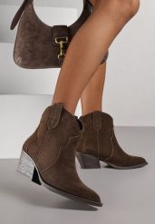 Brązowe Botki Kowbojki na Stożku ze Skóry Naturalnej Liravetta. Brązowe botki damskie Renee, bez wzorów, z jeansu, eleganckie, bez obcasa, na obcasie, bez zapięcia. Za 199.99 zł.