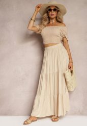 Beżowa Wiskozowa Spódnica High Waist z Gumką w Talii i Falbanką Christiara. Brązowe spódnice damskie Renee, na lato, bez wzorów, z materiału, z podwyższonym stanem, maxi. Za 39.99 zł.