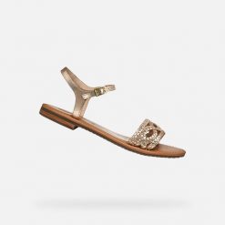Sandały GEOX D SOZY S Złoty. Żółte sandały damskie Geox, bez wzorów, ze skóry, bez obcasa, bez zapięcia. Za 297.99 zł.