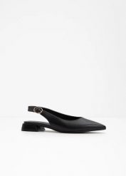 Baleriny z odkrytymi piętami ze sprzączką. Czarne balerinki damskie bonprix, bez wzorów, eleganckie, bez obcasa, bez zapięcia. Za 119.99 zł.