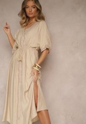 Beżowa Sukienka z Wiskozy Ozdobiona Ażurowymi Wstawkami Aloviana. Brązowe sukienki damskie Renee, na co dzień, na lato, l, w ażurowe wzory, z wiskozy, eleganckie, bez kołnierzyka, bez ramiączek, maxi. Za 119.99 zł.