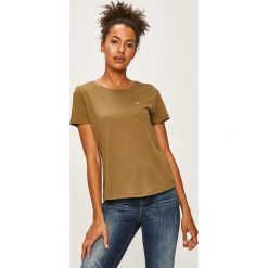 Tommy Jeans - T-shirt. Zielone t-shirty damskie Tommy Jeans, l, bez wzorów, z bawełny, bez kołnierzyka, bez ramiączek. W wyprzedaży za 89.90 zł.