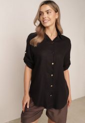 Czarna Koszula Casual z Wiskozą i Lnem z Rękawami 3/4 Linyana. Czarne koszule damskie Born2be, l, bez wzorów, z jeansu, casualowe, bez kołnierzyka, bez ramiączek. Za 99.99 zł.