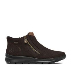 Botki Rieker. Brązowe botki damskie Rieker, bez wzorów, bez obcasa, na płaskiej podeszwie, bez zapięcia. Za 389.99 zł.