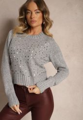 Szary Sweter z Bawełną i Cekinami Savintha. Szare swetry nierozpinane damskie Renee, z aplikacjami, z bawełny, casualowe, bez kołnierzyka, bez ramiączek. Za 69.99 zł.