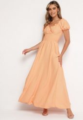 Pomarańczowa Wiskozowa Sukienka z Gumką w Pasie i Trójkątnym Dekoltem Quneri. Brązowe sukienki damskie Born2be, na imprezę, m, bez wzorów, z jeansu, eleganckie, bez kołnierzyka, bez ramiączek, maxi, sportowe. Za 69.99 zł.