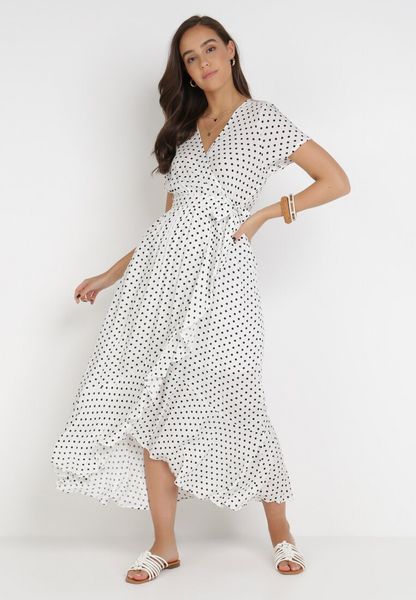 Biała Sukienka Echosia. Białe sukienki damskie Born2be, na lato, l, bez wzorów, bez kołnierzyka, bez ramiączek, maxi, kopertowe. Za 99.99 zł.