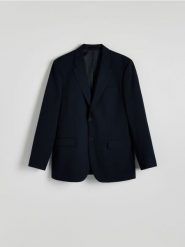 Marynarka slim fit z wiskozą - granatowy. Niebieskie garnitury męskie Reserved, bez wzorów, z tkaniny. W wyprzedaży za 159.99 zł.