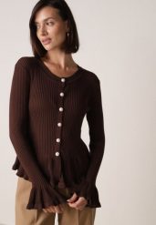 Brązowy Elegancki Kardigan z Wiskozy z Falbankami i Guzikami z Cyrkoniami Orsea. Brązowe kardigany damskie Born2be, z aplikacjami, z jeansu, eleganckie, bez kołnierzyka. Za 119.99 zł.