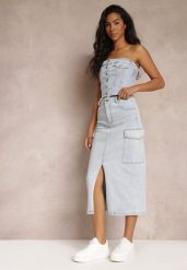 Jasnoniebieska Jeansowa Spódnica Midi o Fasonie Cargo z Rozcięciem Codie. Niebieskie spódnice damskie Renee, na co dzień, m, bez wzorów, z jeansu, eleganckie, z podwyższonym stanem, midi, proste. Za 139.99 zł.