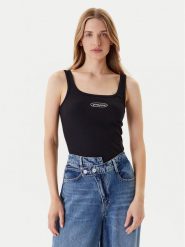 Guess Jeans Top W5YP35 KA0H1 Czarny Regular Fit. Czarne topy damskie Guess Jeans, xl, z aplikacjami, z bawełny, bez kołnierzyka, bez ramiączek. Za 69.99 zł.