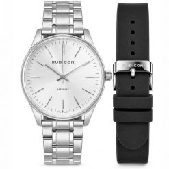 Zegarek Rubicon Męski DIEGO RNAA02 srebrny bransoleta + czarny silikon indeksy (RNAA02-013-NE). Czarne zegarki męskie Rubicon, bez wzorów, srebrne. Za 379.90 zł.