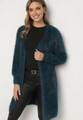 Ciemnozielony Niezapinany Kardigan z Wełną i Wsuwanymi Kieszeniami Riabelle. Zielone kardigany damskie Born2be, bez wzorów, z jeansu, eleganckie, bez kołnierzyka. Za 99.99 zł.