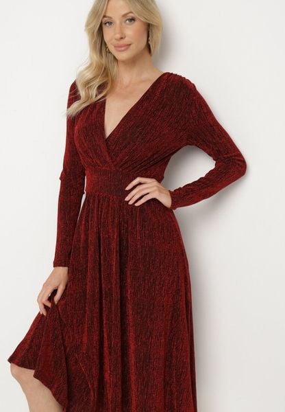 Bordowa Taliowana Sukienka z Wiskozą o Rozkloszowanym Kroju Zdobiona Metaliczną Nicią Mesinae. Czerwone sukienki damskie Born2be, do pracy, l, z aplikacjami, z wiskozy, biznesowe, bez kołnierzyka, bez ramiączek, rozkloszowane. Za 139.99 zł.