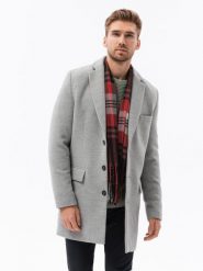Płaszcz męski klasyczny jednorzędowy - jasnoszary V4 - Rozmiar: XL. Szare płaszcze męskie Ombre Clothing, na wiosnę, m, bez wzorów, eleganckie, bez kołnierzyka, bez kaptura. W wyprzedaży za 199.99 zł.