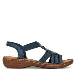 Sandały Rieker. Niebieskie sandały damskie Rieker, bez wzorów, bez obcasa, na płaskiej podeszwie, bez zapięcia. Za 299.99 zł.