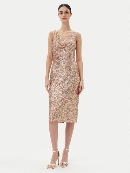 Rinascimento Sukienka koktajlowa CFC0123778003 Złoty Regular Fit. Żółte sukienki damskie Rinascimento, l, bez wzorów, z syntetyku, wizytowe, bez kołnierzyka, bez ramiączek. Za 349.99 zł.