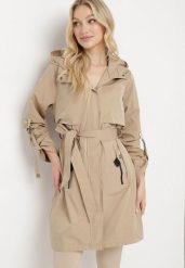 Beżowa Kurtka Parka z Kieszeniami i Materiałowym Paskiem Bricketta. Brązowe kurtki damskie Born2be, uniwersalny, bez wzorów, z materiału, bez kaptura. Za 169.99 zł.