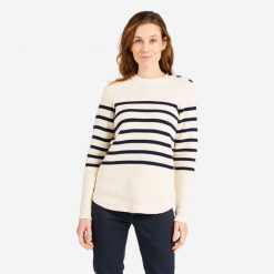 Sweter marynarski damski Tribord 100. Białe swetry nierozpinane damskie Decathlon, l, bez wzorów, z bawełny, eleganckie, bez kołnierzyka, bez ramiączek. Za 99.99 zł.