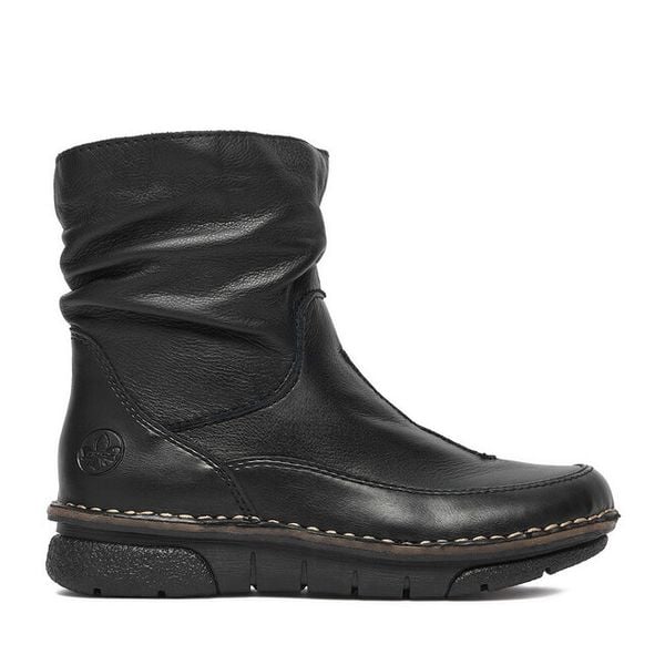 Botki Rieker. Czarne botki damskie Rieker, bez wzorów, bez obcasa, na płaskiej podeszwie, bez zapięcia. Za 429.99 zł.