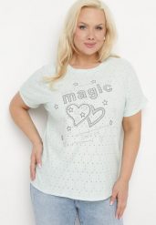 Miętowy T-shirt Ażurowy z Ozdobnymi Cyrkoniami Cevola. Zielone t-shirty damskie Born2be, xl, w ażurowe wzory, bez kołnierzyka, bez ramiączek. Za 34.99 zł.