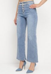 Jasnoniebieskie Jeansy Dzwony z Odpinanym Paseczkiem Ozdobionym Perełkami Avnicca. Niebieskie jeansy damskie Born2be, z aplikacjami, z jeansu, eleganckie. Za 64.99 zł.