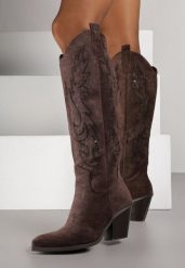 Ciemnobrązowe Kozaki Kowbojki na Stożku z Cholewką w Cyrkoniowy Wzór Nalimia. Brązowe kozaki damskie Born2be, bez wzorów, z jeansu, bez obcasa, na obcasie, bez zapięcia. Za 169.99 zł.