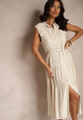 Beżowa Wiskozowa Sukienka Koszulowa z Bawełną i Paskiem Artebia. Brązowe sukienki damskie Renee, na co dzień, l, bez wzorów, z bawełny, eleganckie, bez kołnierzyka, bez ramiączek, midi, koszulowe. Za 149.99 zł.