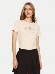 Guess T-Shirt V5RI16 J1314 Beżowy Regular Fit. Brązowe t-shirty damskie Guess, m, z aplikacjami, z bawełny, bez kołnierzyka, bez ramiączek. Za 89.99 zł.