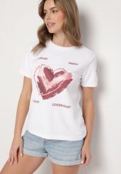 Biały T-shirt z Ozdobnym Nadrukiem Palithiela. Białe t-shirty damskie Born2be, l, bez wzorów, z jeansu, klasyczne, bez kołnierzyka, bez ramiączek. Za 29.99 zł.
