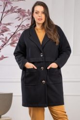 Płaszcz lekki ciepły z ozdobnymi guzikami jesienno zimowy MEGAN czarny PROMOCJA. Czarne płaszcze damskie KARKO, na jesień, plus size, bez wzorów, z dzianiny, eleganckie, bez kołnierzyka, bez kaptura. Za 156.50 zł.