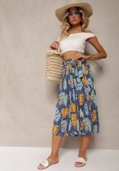 Niebiesko-Żółte Spodnie Szwedy z Bawełną High Waist Wykończone Gumką w Talii Pasefia. Niebieskie spodnie materiałowe damskie Renee, bez wzorów, z bawełny, biznesowe, z podwyższonym stanem. Za 39.99 zł.