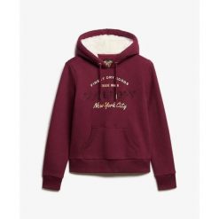 Damska bluza z kapturem z metalicznym logo Superdry Luxe. Brązowe bluzy damskie Superdry, bez wzorów, bez ramiączek. Za 369.15 zł.